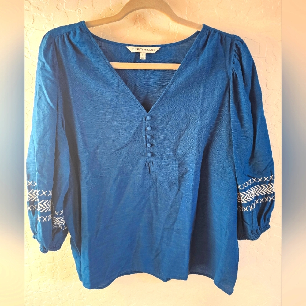 Elizabeth and James Boho‎ Peasant Blouse – Blue Embroidered Sleeve Top | Size L